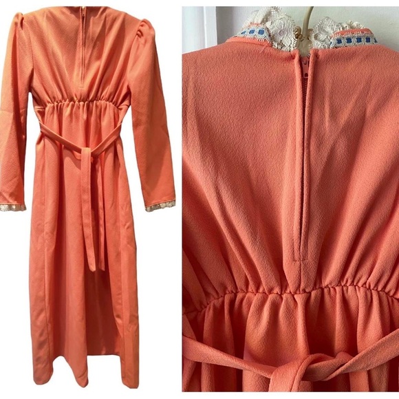 1960s Vintage Orange Dolly Maxi Dress with Lace Trim, Beaded Flower 🌼 XXS - Picture 4 of 5